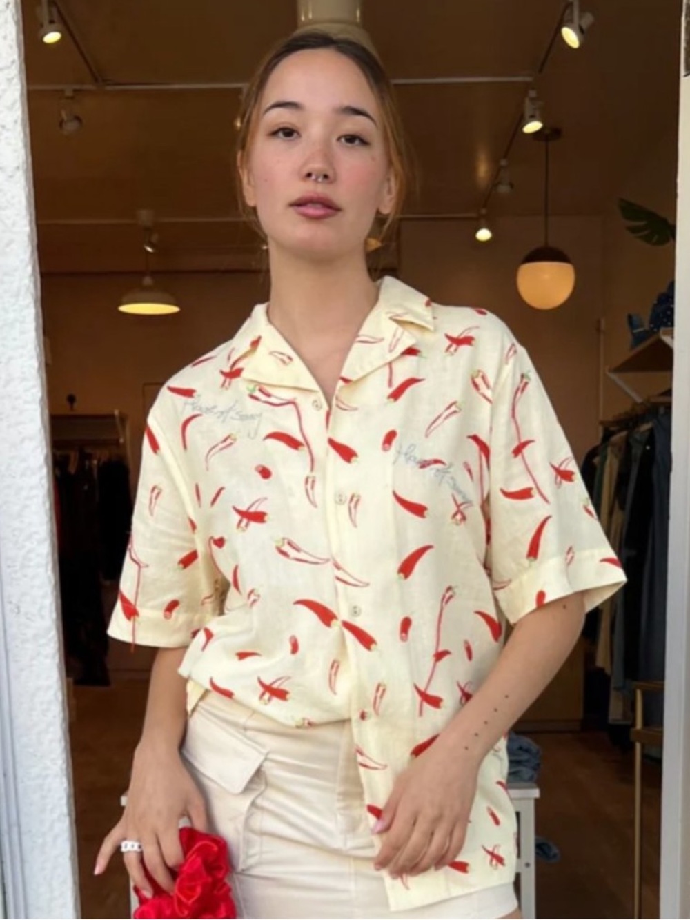 House of Sunny Cream Short Sleeve Shirt with Red Pepper Motif